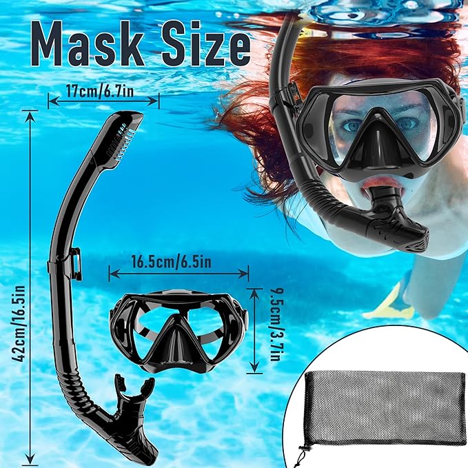 Snorkeling Gear, Dry Snorkel Set180° Panoramic Wide View,Anti-Fog Scuba Diving Mask, Professional Snorkeling Gear for Free Breathing, Swimming, Diving