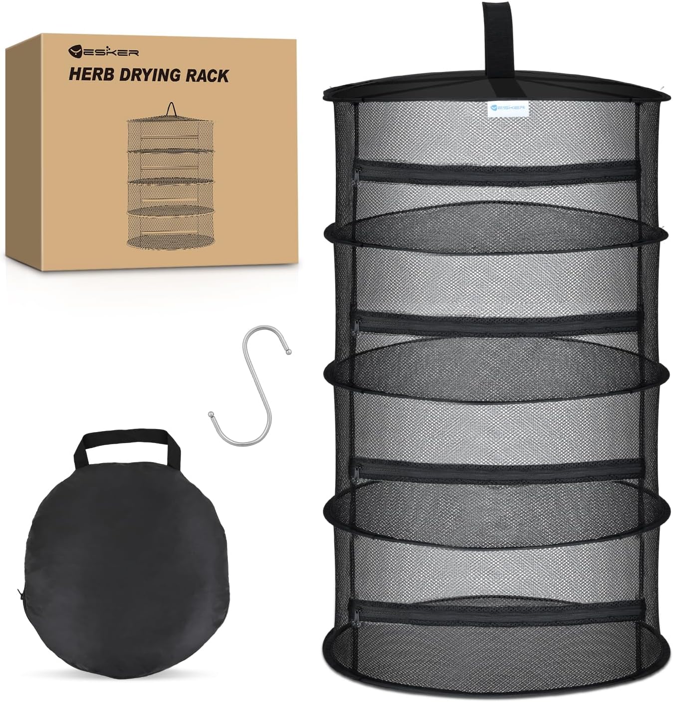 Yesker 4 Layer Herb Drying Rack Hanging Mesh Net Foldable Plant Drying Racks 18" Diameter with Black Zipper & Hook Dryer Hanging Rack for Herbs Seed Bud Fruit Clothes Grow Tent Closets Garden Outdoor