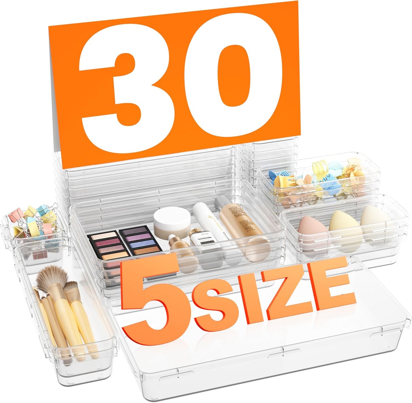 A-LuGei 【𝟯𝟬𝗣𝗰𝘀】【𝟱𝗦𝗶𝘇𝗲】 Drawer Organizer, Bathroom Organizers and Storage, Makeup organizer, Desk drawer organizer, Storage Bins for Kitchen Office Bedroom Vanity Tool Trays【𝐂𝐥𝐞𝐚𝐫】
