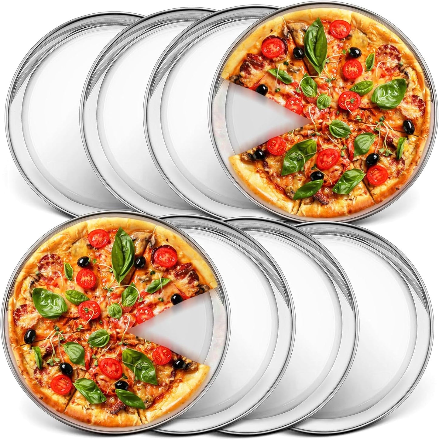 P&P CHEF 10 Inch Pizza Pan, Stainless Steel Round Pizza Tray Baking Pans, Pizzas Plate Serving Tray for Cookie Meat, Oven & Dishwasher Safe & Easy Cleaning, (Mirror Finish) - 8 Pieces