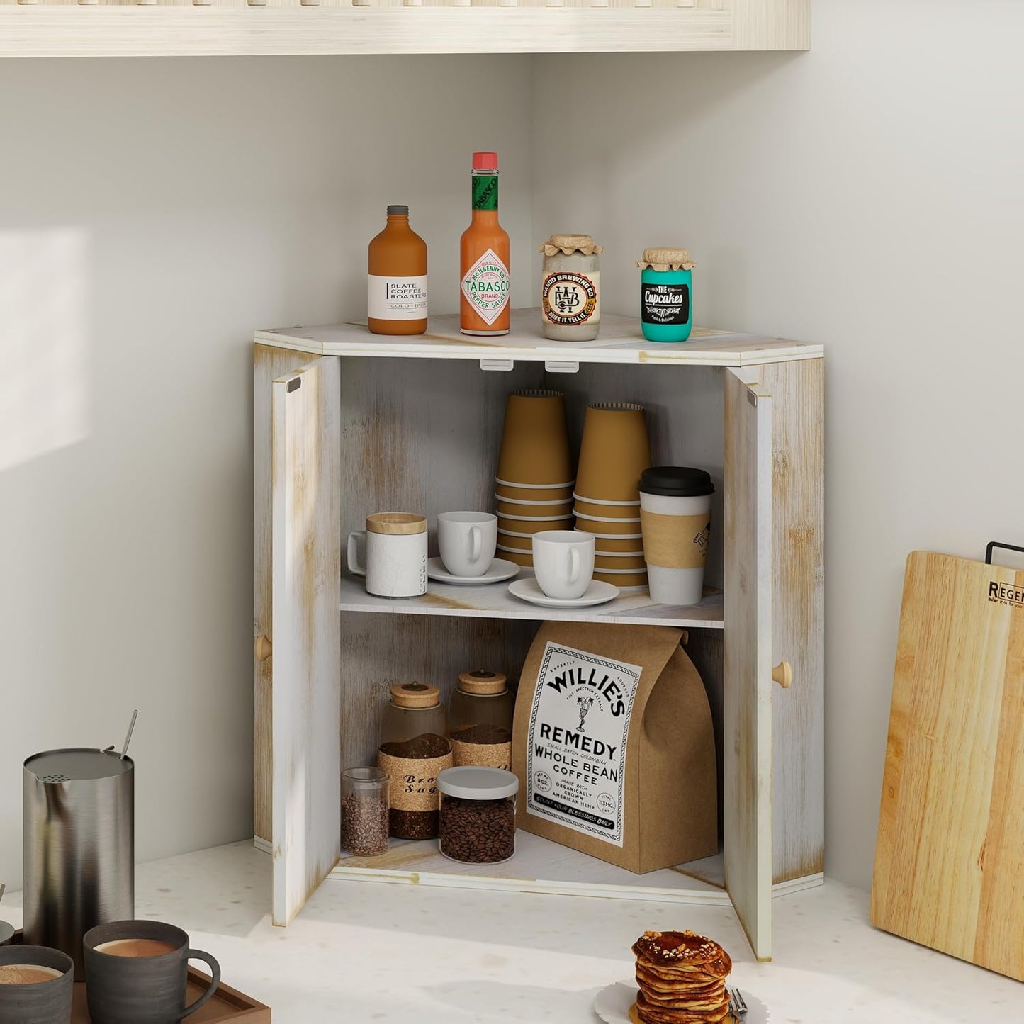 Corner Bread Box for Kitchen Counter Double Layer Bamboo Bread Storage Container Large Capacity Bread Storage Bin Farmhouse Breadbox Organizer