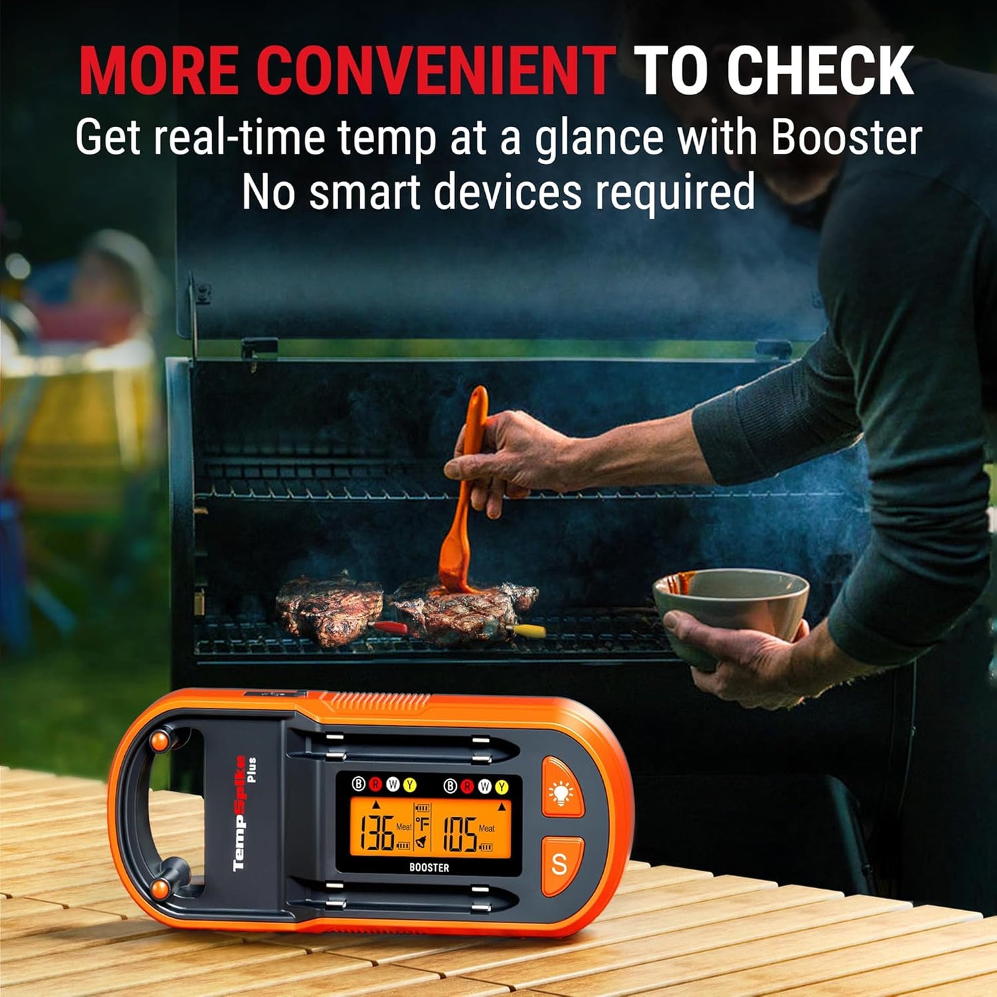 ThermoPro TempSpike Wireless Meat Thermometer with 2 Ultra-Thin Meats Probes, Bluetooth Meat Thermometer with Stand-Alone LCD Booster for BBQ, Oven, Grill, Kitchen, Smoker, Rotisserie, Red and Yellow