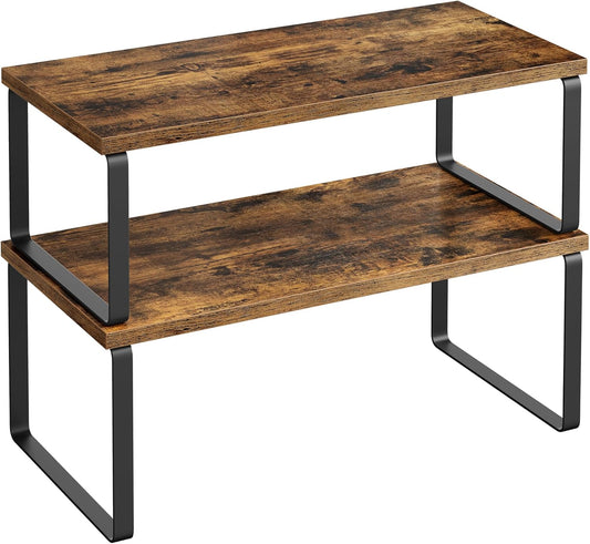 SONGMICS Cabinet Organizer Shelf, Set of 2 Kitchen Counter Shelves, Kitchen Storage, Spice Rack, Stackable, Expandable, Metal and Engineered Wood, Ink Black and Rustic Brown UKCS200X01