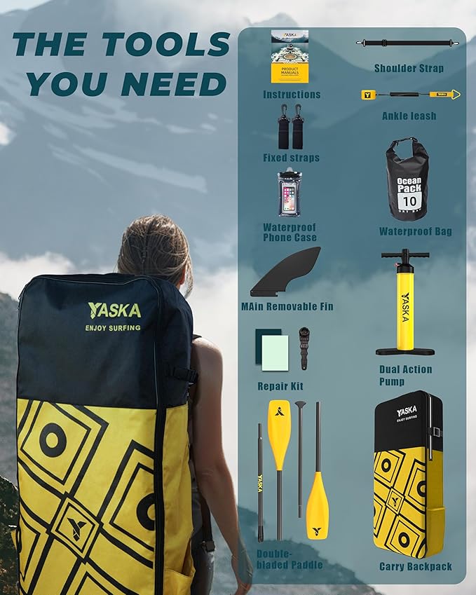 YASKA Inflatable Stand Up Paddle Board - 11ft Extra Wide Paddleboard with Premium SUP Board Accessories,Camera Mount,Non-Slip EVA Deck,5 Handles,Youth/Adult