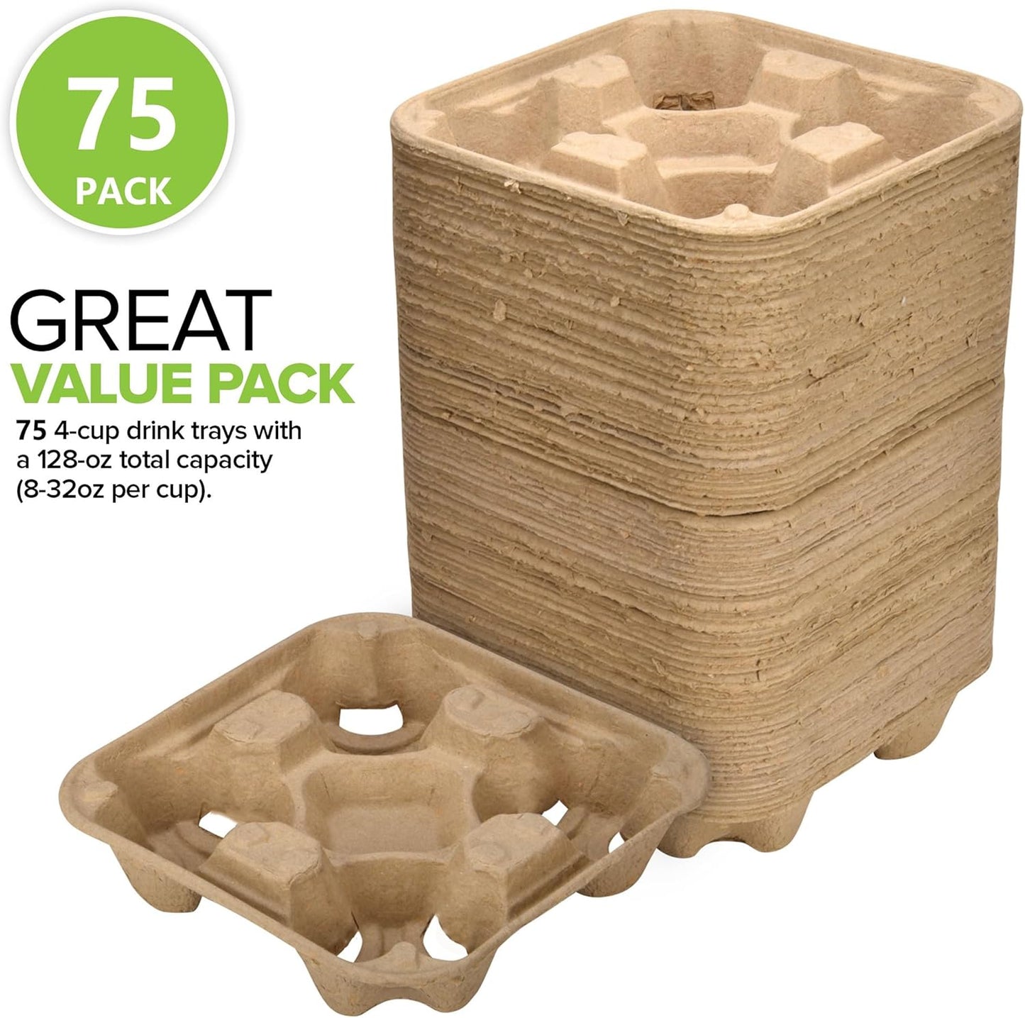 4 Cup Disposable Coffee Tray (75 Count), Commercially Compostable Cup Holder, Durable Drink Carrier for Hot or Cold Drinks, to Go Coffee Cup Holder for Food Delivery Service