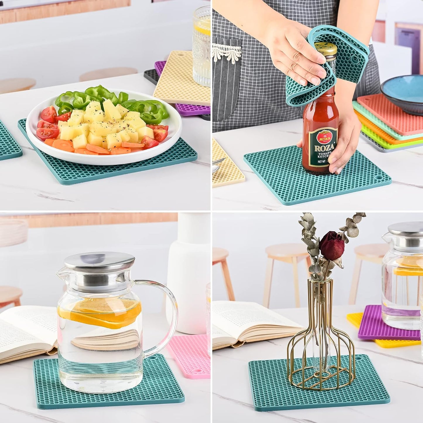 Silicone Trivets for Hot Pots and Pans, Multi-Use Heat Resistant Mats for Countertop Set of 4 Black