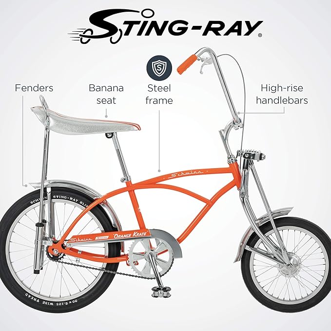 Schwinn Krate Classic Sting-Ray Bike, 20 Inch Bike for Kids or Adults, Steel Frame & Springer Fork, Fenders, Single Speed, Coaster Brake, Grey Ghost, Lemon Peeler, Coal, Grape, Orange or Apple
