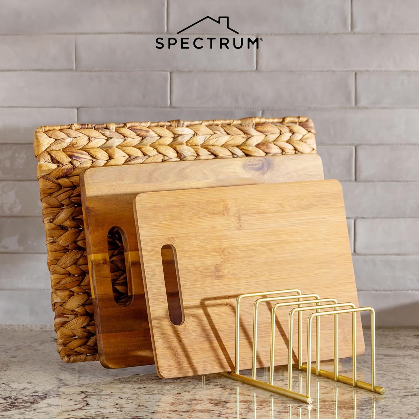 Spectrum Euro Cutting Board Holder Stand for Countertop or Inside Kitchen Cabinet Organization Gold, 8 Slot Cutting Board Drying Rack or Cabinet Plate Bakeware Storage Organizer