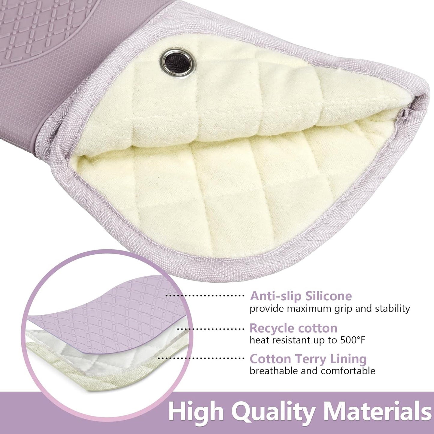 Professional Microwave Silicone Oven Mitts one Pair, Kitchen Mitten Set for Heat Resistant with 500 Degrees, Kitchen Gloves Pot Holder for BBQ Cooking Baking (Purple)