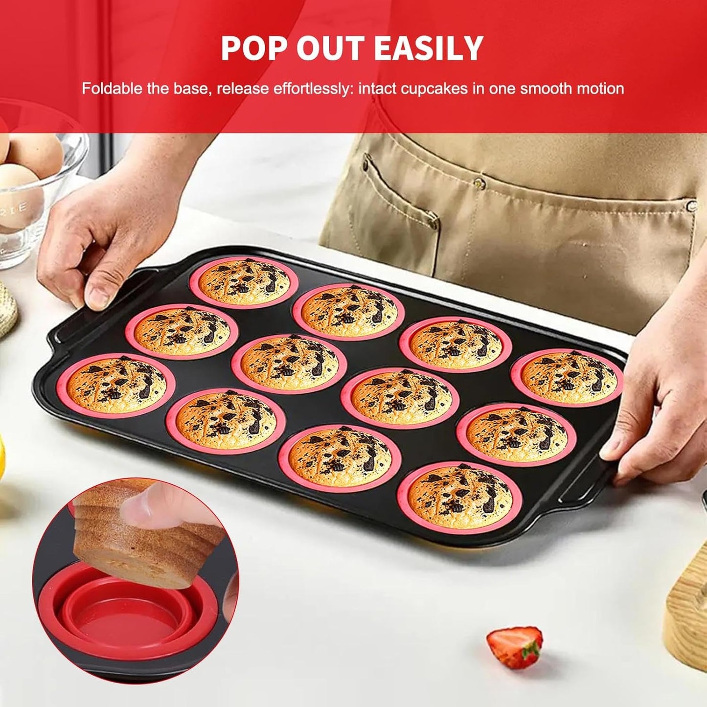 Silicone Muffin Pan with Metal Frame, Egg Bite Maker Silicone Molds for Baking, Cupcake Pans 12 Regular Size, Muffin Tins Easy to Pop Nonstick Bakeware for Oven (Red)