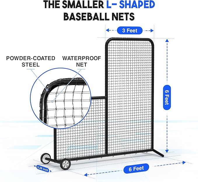 Yes4All Portable L-Screen Baseball 7x7ft with 2 Baseballs, Rubber Wheels - L Screen Baseball for Batting Cage, Protective Pitching Screen Net Double Layers, Carry Bag Included