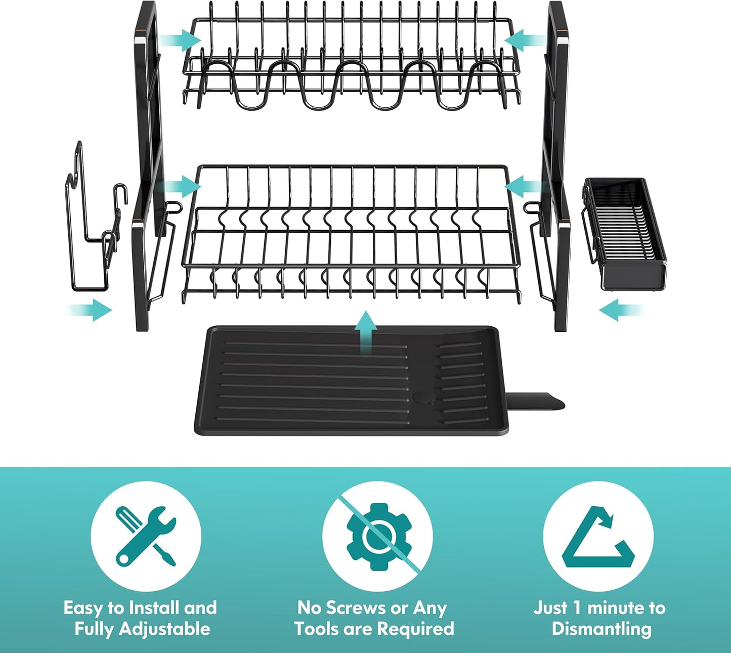 BOOSINY Dish Drying Rack and Drainboard Set for Kitchen Counter, 2 Tier Large Stainless Steel Sink Organizer Dish Racks with Cups Holder, Utensil Holder, Black Dish Strainer Shelf