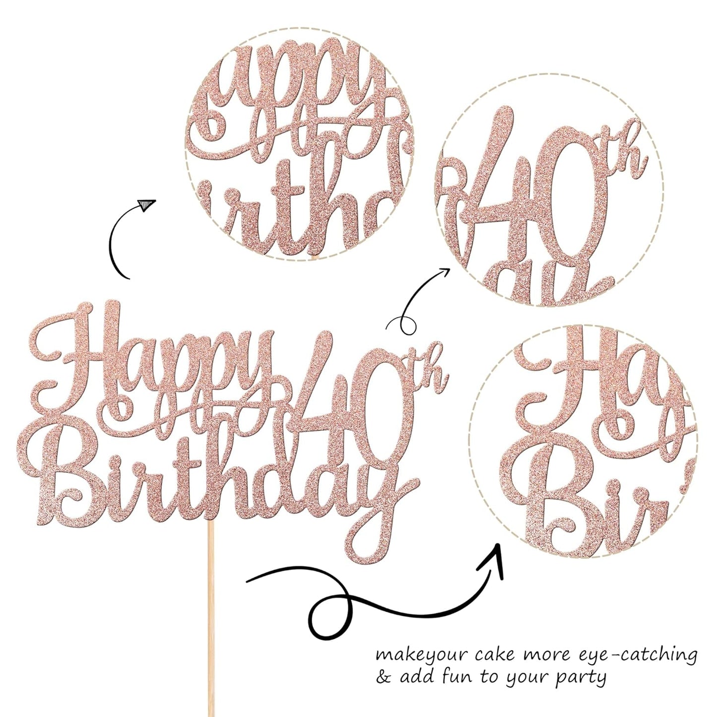 1 PCS Happy 40th Birthday Cake Topper Glitter Cheers to 40 Years Birthday Cake Pick 40 Fabulous Cake Decoration for Happy 40th Birthday Anniversary Party Decorations Supplies Rose Gold