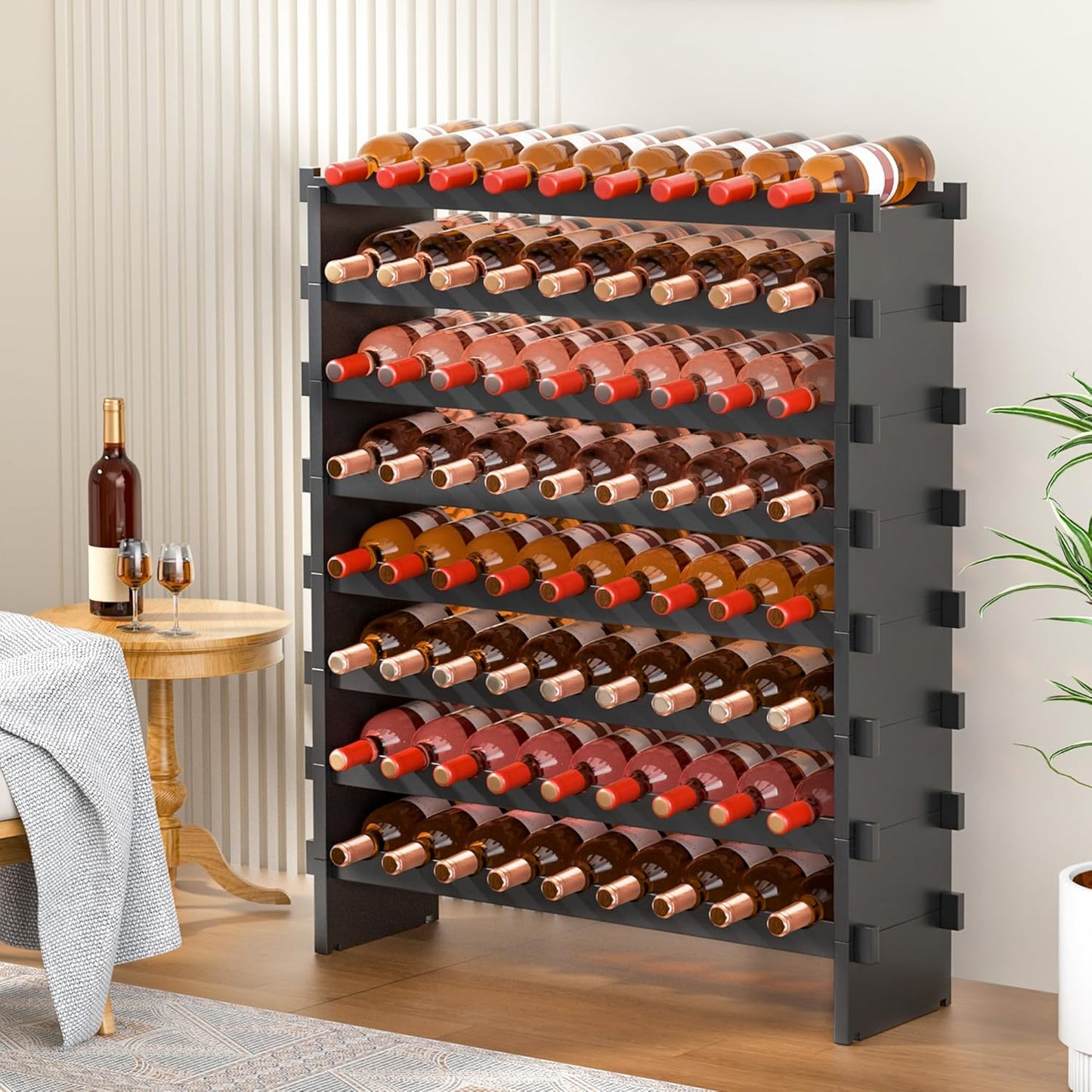 VASMIA Bamboo Stackable Wine Rack,72 Bottles Wine Rack Freestanding Floor,No Tools Assembly,8-Tier Display Wine Storage Shelf for Kitchen, Bar, Dining Room,Cellar,Black