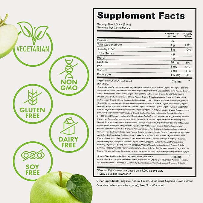 Zena Nutrition Organic Super Greens Powder, 70+ Superfoods, 0 Sugar, 3G Fiber, Spirulina, Chlorella, Antioxidants, Prebiotics/Probiotics, Digestive Enzymes, Green Apple, 30 Drink Mix Packets