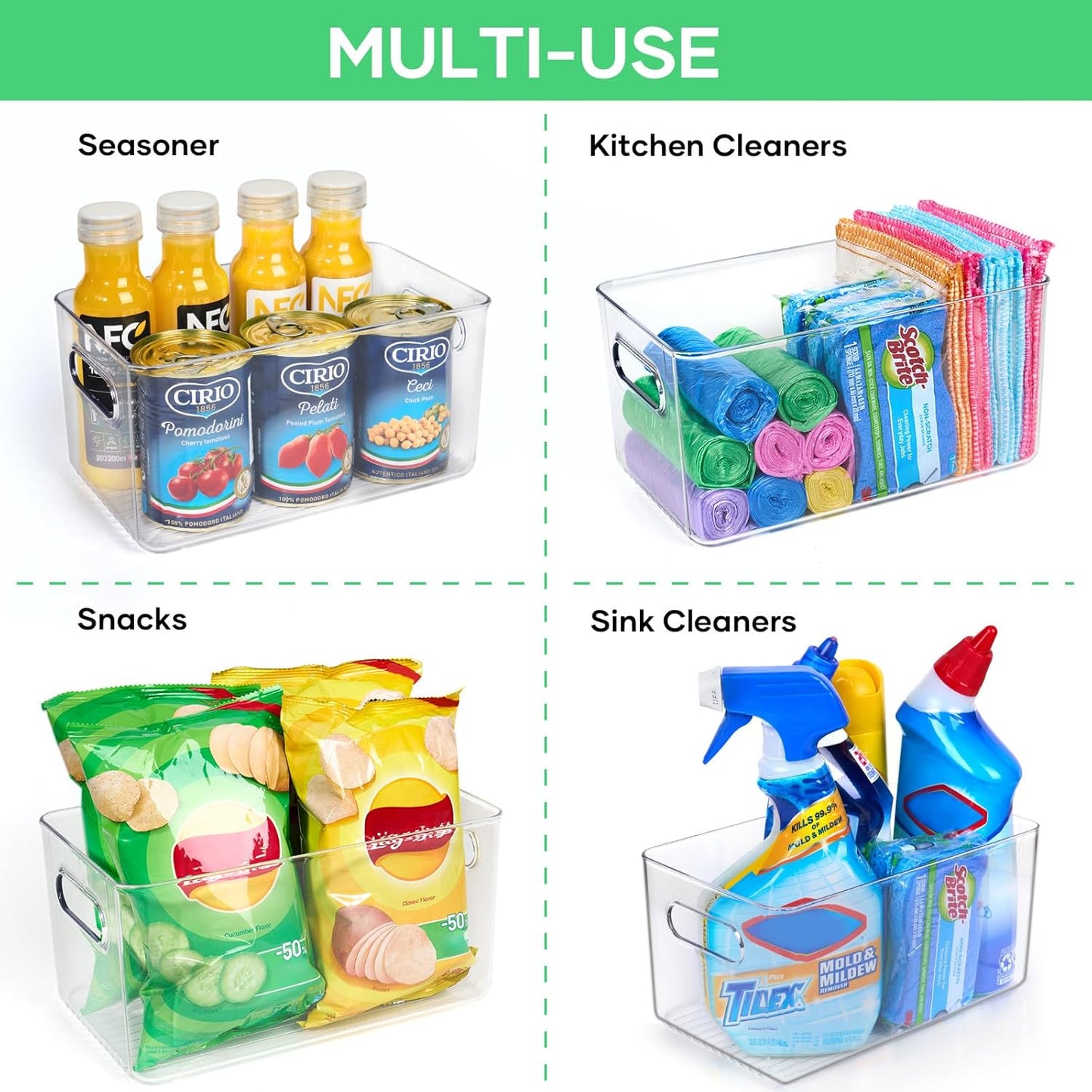 8 Pack Clear Plastic Storage Bins, 11" Large Pantry Organizer Bins with Handles, Plastic Containers for Refrigerator,BPA-Free Perfect for Kitchen,Fridge,Cabinet,Pantry,Bathroom,Closet Organization