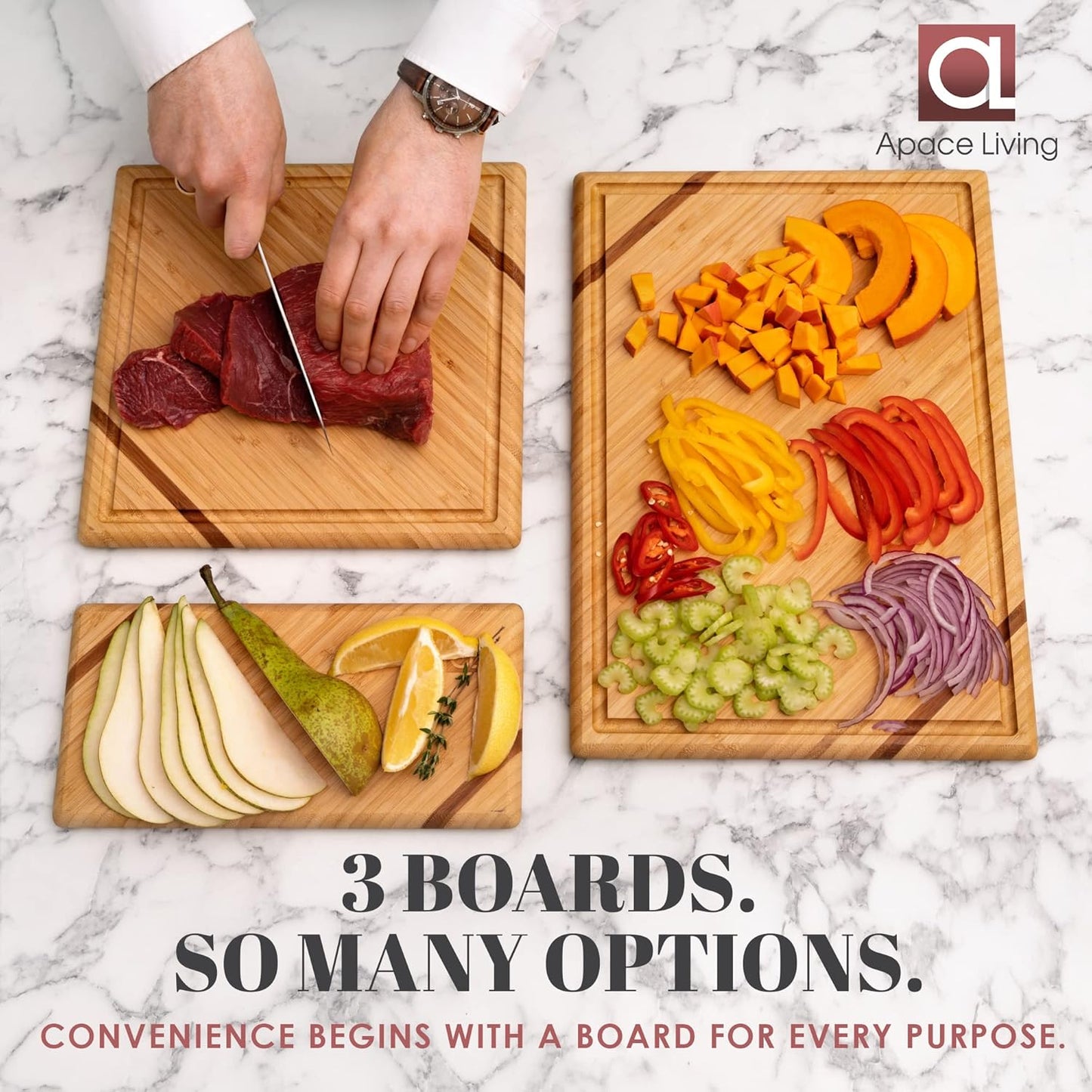 Chorus Bamboo Cutting Board Set with Juice Groove (Set of 3) - Luxury Organic Wood Chopping Board for Kitchen, Wooden Cutting Board for Meat (Butcher Block), Vegetables, Cheese