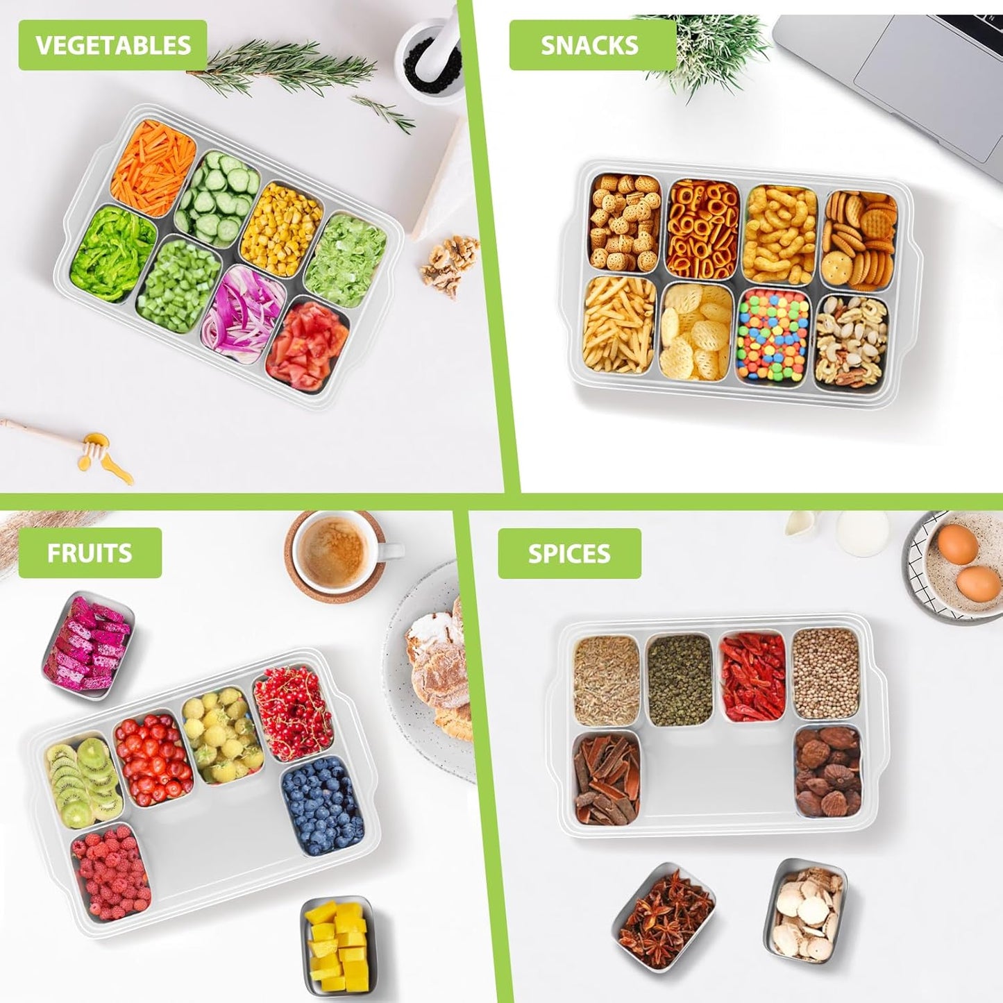 Snackle Box Container, Stainless Steel Divided Serving Tray with Lid and Handle, 8 Compartment Portable Snack Platters - Clear Storage Organizer for Fruit Candy Nuts Veggie - Perfect for Travel Party