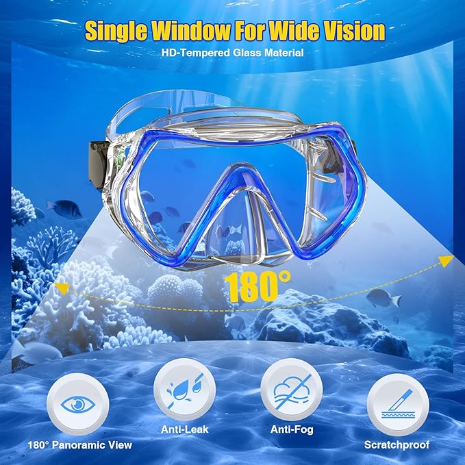 Snorkeling Gear, Dry Snorkel Set180° Panoramic Wide View,Anti-Fog Scuba Diving Mask, Professional Snorkeling Gear for Free Breathing, Swimming, Diving