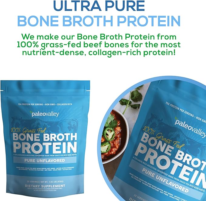 Paleovalley 100% Grass Fed Beef Bone Broth Protein Powder - Rich in Collagen Peptides for Hair, Skin, Gut Health, Bone and Joint Support - 28 Servings, 15g Protein Per Serving - No Gluten or GMOs