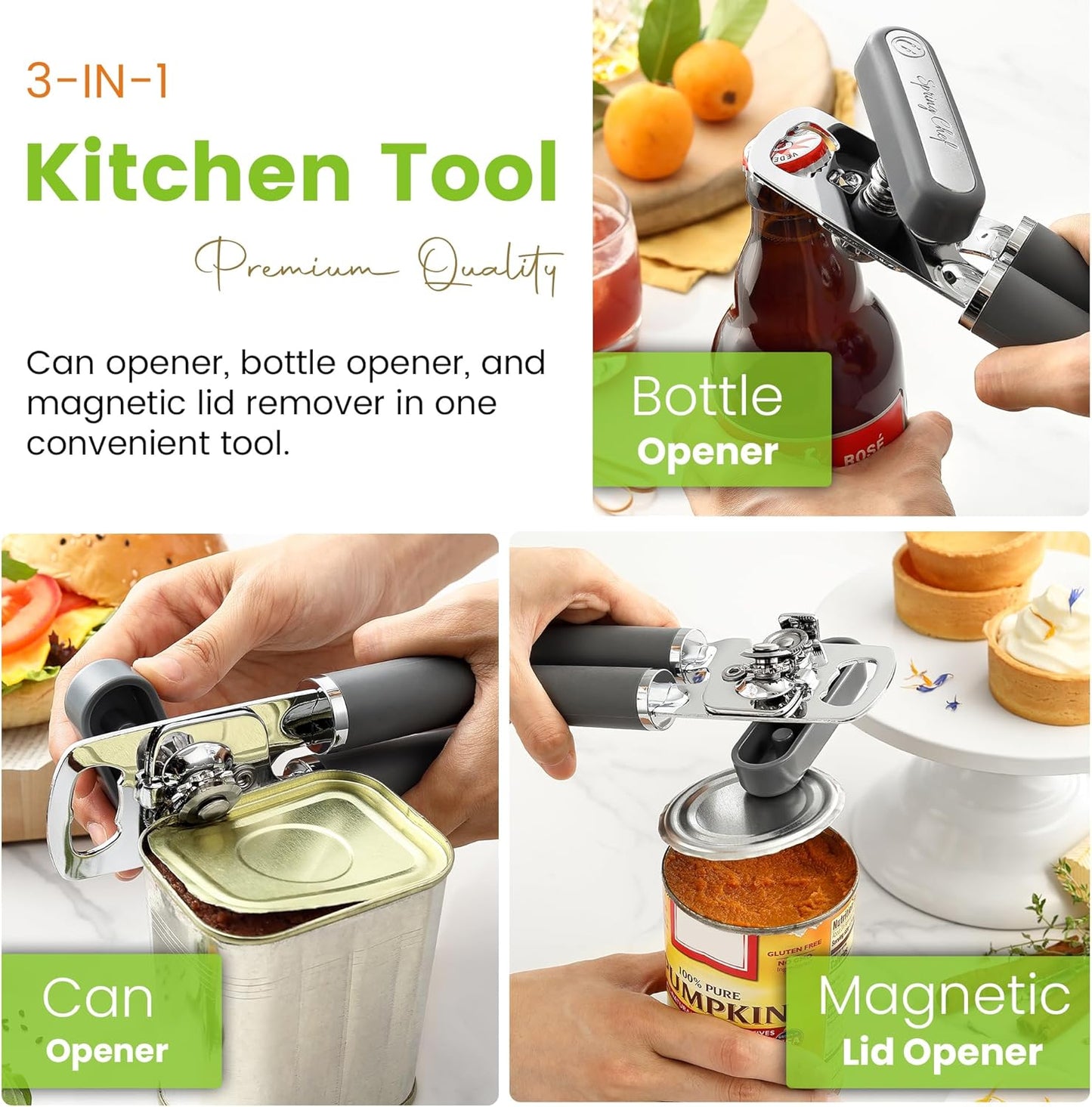Spring Chef Stainless Steel Can Opener - Manual with Soft Grip Handles, Easy Turn, Heavy Duty Hand Can Openers for Seniors with Smooth Edge - Magnetic Lid Remover - Gray