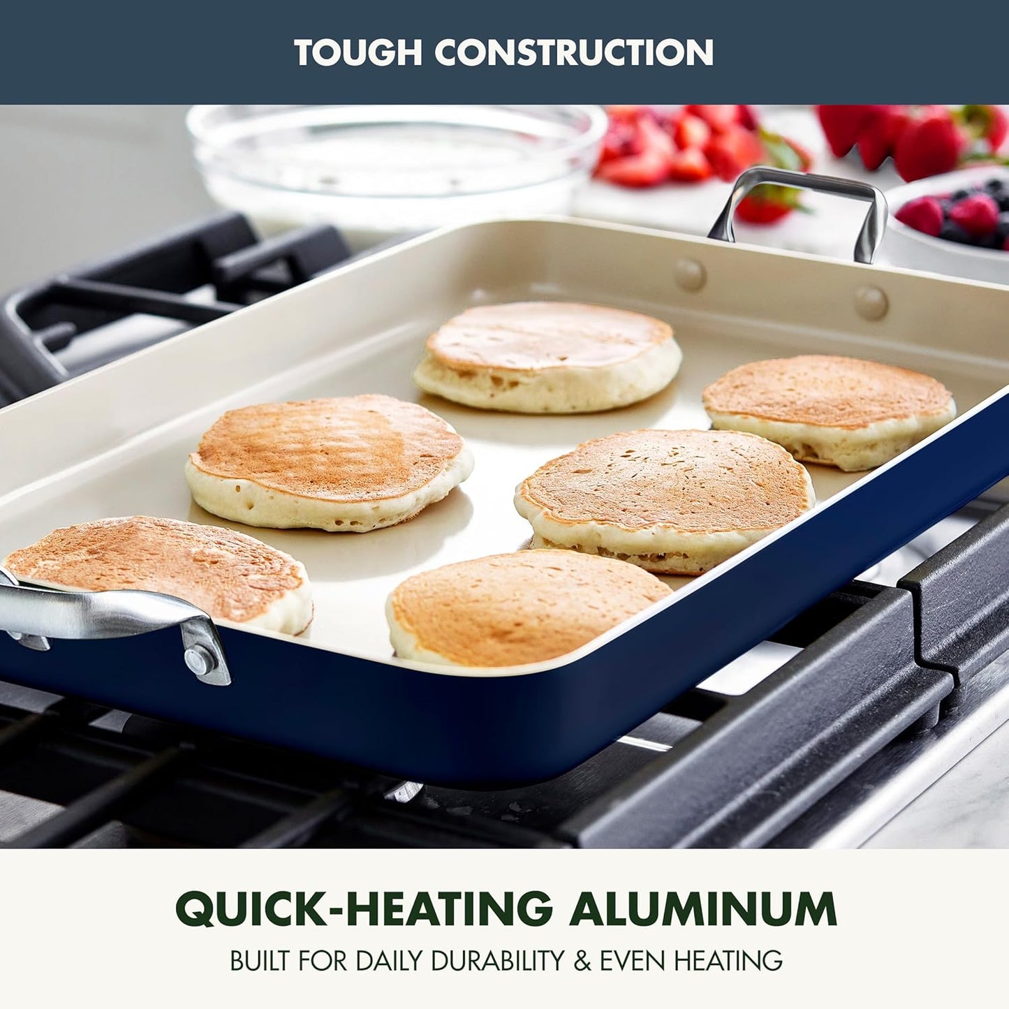 GreenPan 18" x 11" Double Burner Griddle Pan, Hard Anodized Healthy Ceramic Nonstick PFAS-Free, Stainless Steel Handles, Stovetop Cooking, Dishwasher Safe, Oven & Broiler Safe Cookware, Oxford Blue