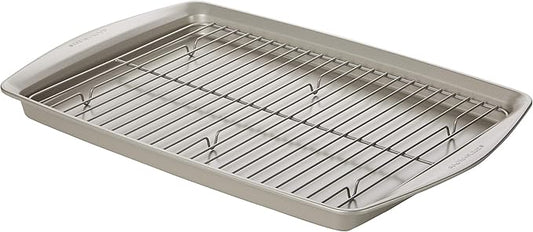 Rachael Ray Nonstick Bakeware Set without Grips, Nonstick Cookie Sheets / Baking Sheets and Cooling Rack - 2 Piece, Silver