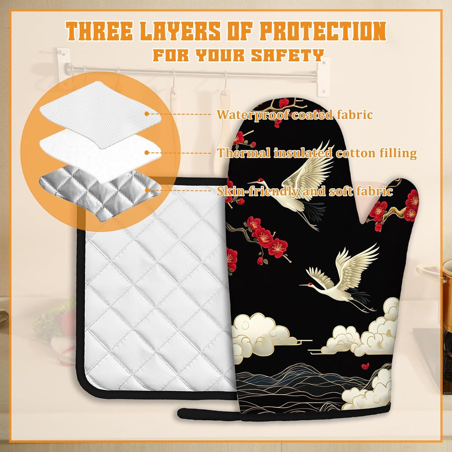 Japanese Crane Oven Mitts and Pot Holders Set,Cherry Blossom Kitchen Decor Heat Resistant Non Slip Hot Pads and Oven Mitt for Chef Cooking Baking BBQ Mom Girl Gifts(4 Piece Set)