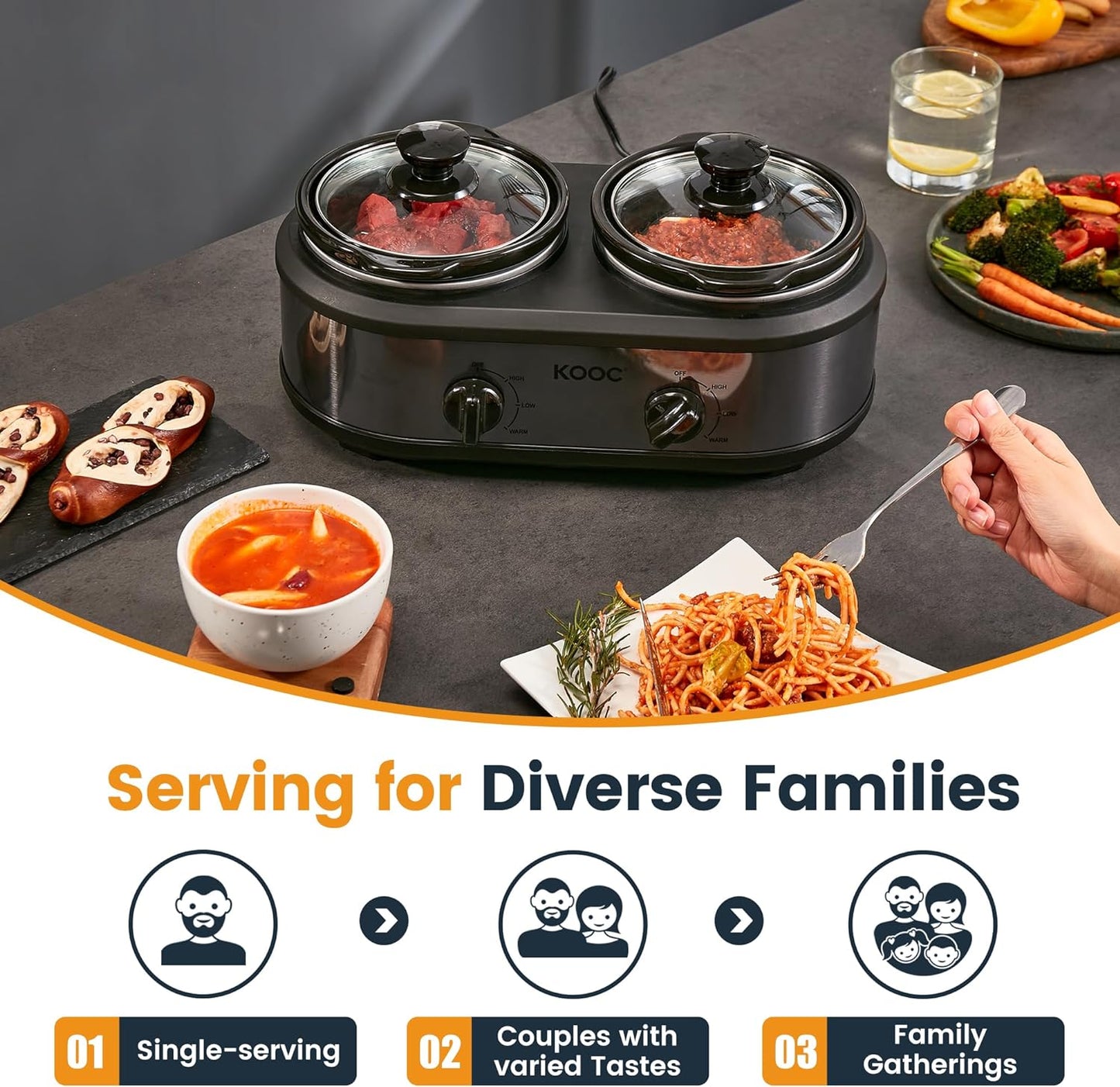 KOOC Double Small Slow Cooker, Buffet Server and Warmer, 2 Mini Pots with 3 Individual Adjustable Temp, Dual Ceramic Pots, Free Liners for Easy Clean-up, Stainless Steel, Total 2.5 Quart, Grey, Round