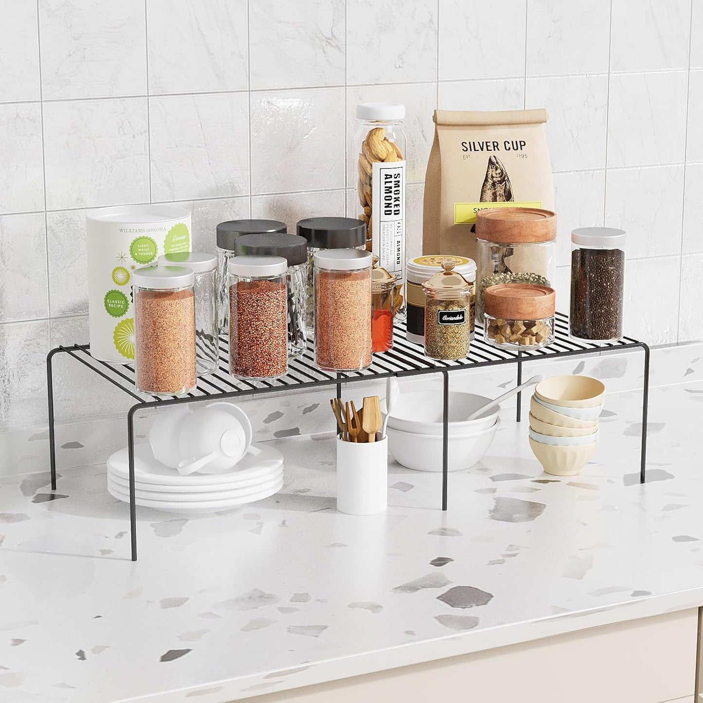 Expandable Storage Shelf, Pantry Organizers and Storage, Adjustable Rustproof Metal Wire Spice Rack, Space Saver Kitchen Storage Shelves for Pan, Pot, Countertop, Drawer, Fridge, Set of 2, Black