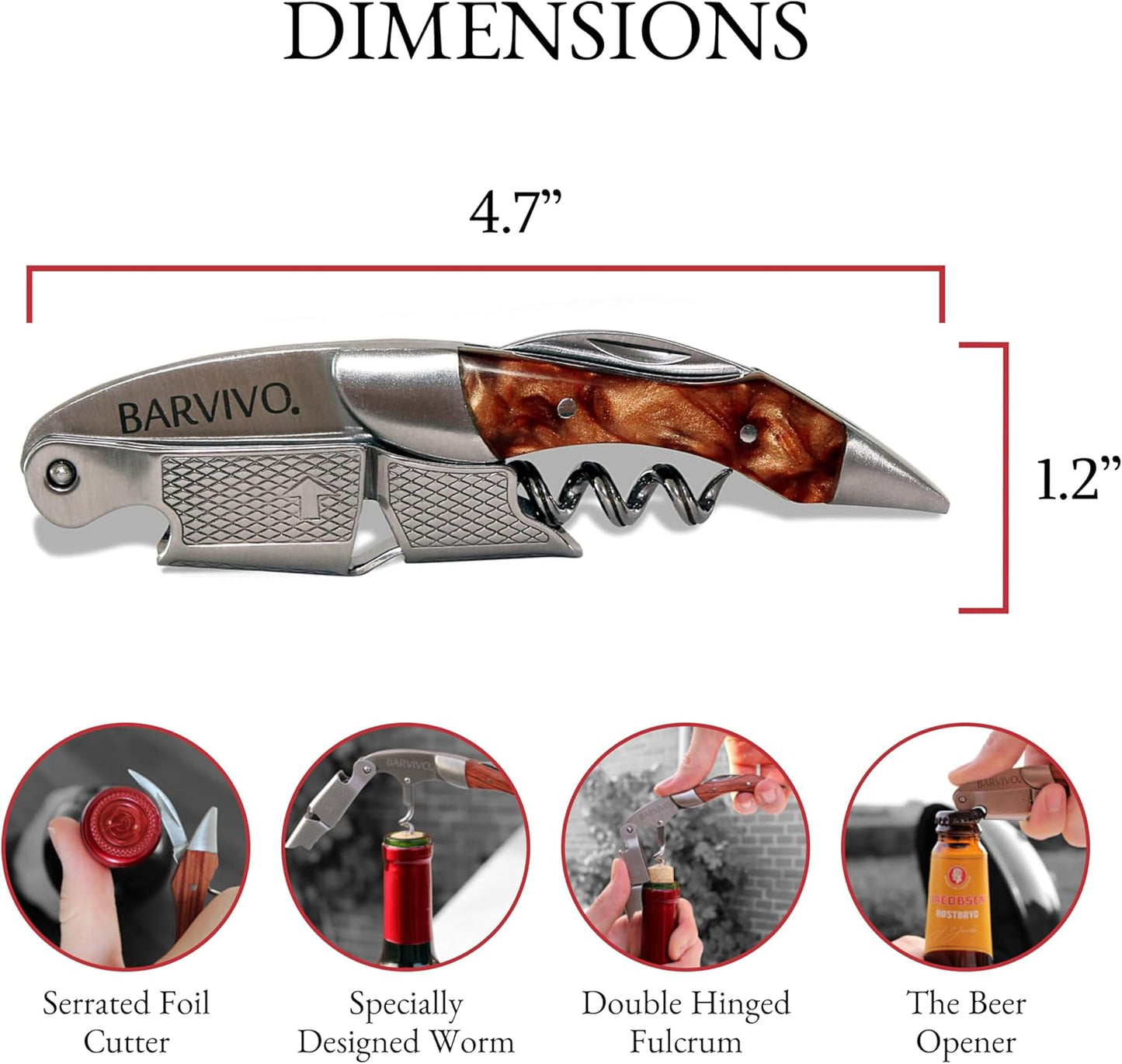 Barvivo Gold Resin Wine Opener with Foil Cutter Knife and Cap Remover, Double Hinged Manual Wine Key for Bartenders, Servers, Waiters, Stainless Steel Wine Bottle Opener Corkscrew