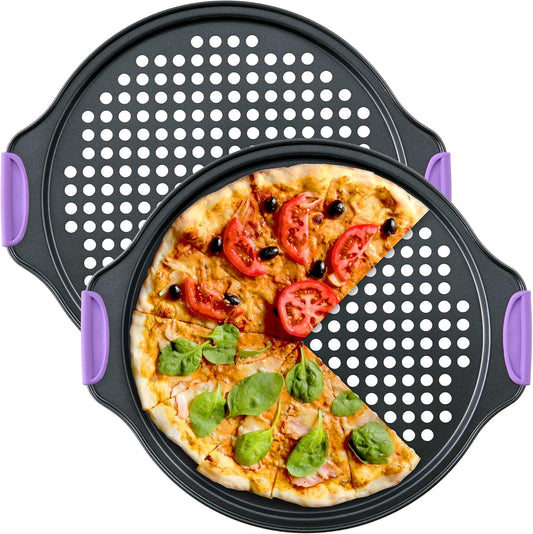 Amazing Abby - Chef Stacy - 2-Pack 13-Inch Non-Stick Pizza Pan with Holes, Perforated Pizza Crisper with Heat-Resistant Silicone Handle Grips, Oven-Safe Bakeware, Carbon Steel Baking Pan for Oven
