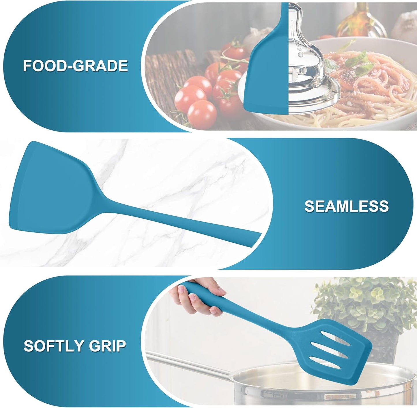 TeamFar Cooking Utensils Set, Silicone Kitchen Utensils of 5, Cooking Spoons Turners Pasta Server for Nonstick Cookware, Healthy & Heat-Resistant, Seamless & Non-Scratch, Dishwasher Safe, Dark Blue