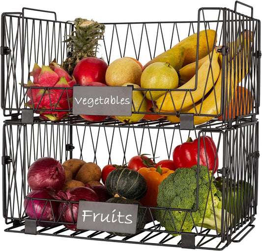 2 PACKS XXL Kitchen Organization and Storage Pantry Baskets, Fruit & Vegetable Basket for Kitchen Cabinet, Stackable Wire Metal Baskets for Snack Chips Onion Potato Cans