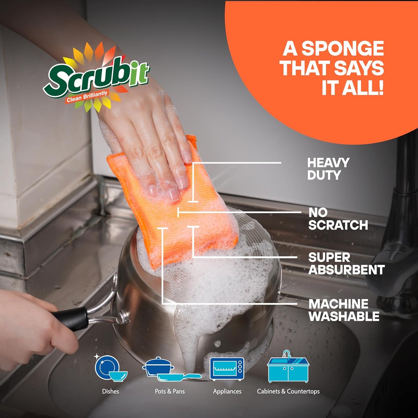 SCRUBIT Reusable Sponges for Dishes - 12 Pack Microfiber Sponges Kitchen Dish Scrubber, Machine Washable & Non-Scratch Scrubbers (Orange)