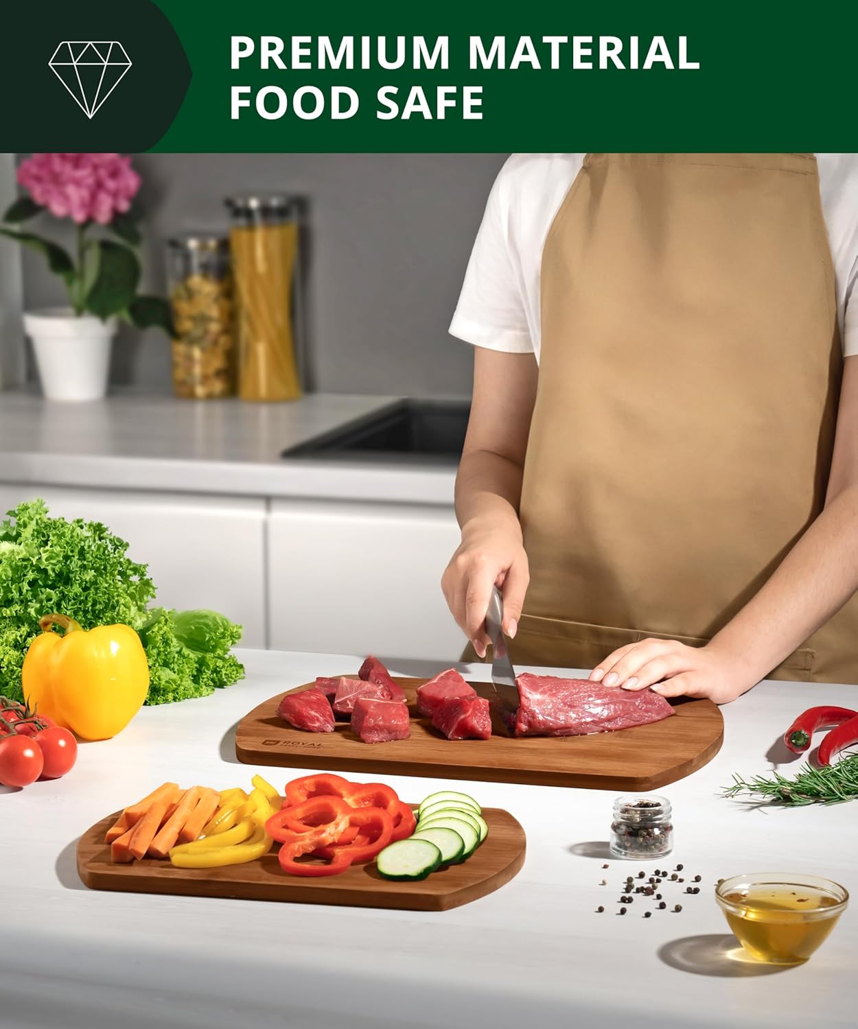 ROYAL CRAFT WOOD Cutting Boards for Kitchen - Wooden Cutting Board for Meal Prep & Serving, Non-Toxic Bamboo Chopping Board, Carbonized Bamboo Durable Charcuterie & Lightweight Serving Boards (2 pcs)