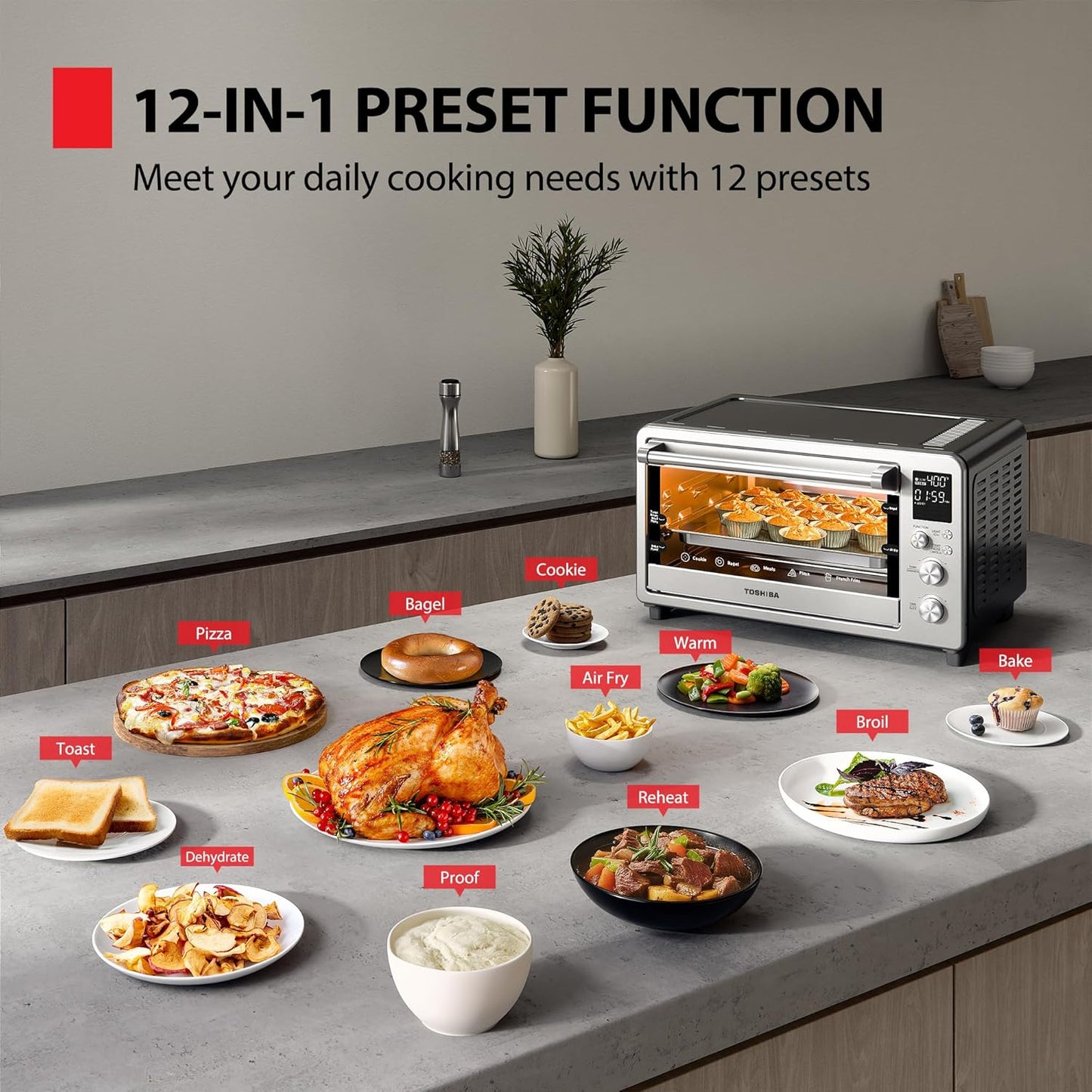 TOSHIBA ChefFry Air Fryer Toaster Oven Combo, 26.4 QT Large Capacity, 12-in-1 Countertop Toaster Oven, Stainless Steel
