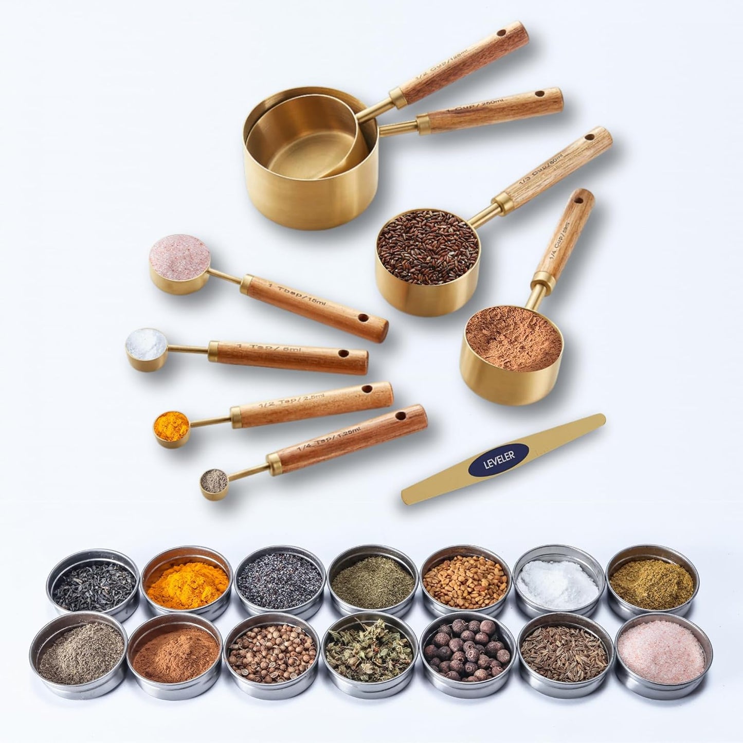 NAZANIN 9-Piece Gold Measuring Cups and Spoons Set – Acacia Wood & Gold Stainless Steel, Premium Baking Tools with Leveler for Kitchen, Cooking & Baking