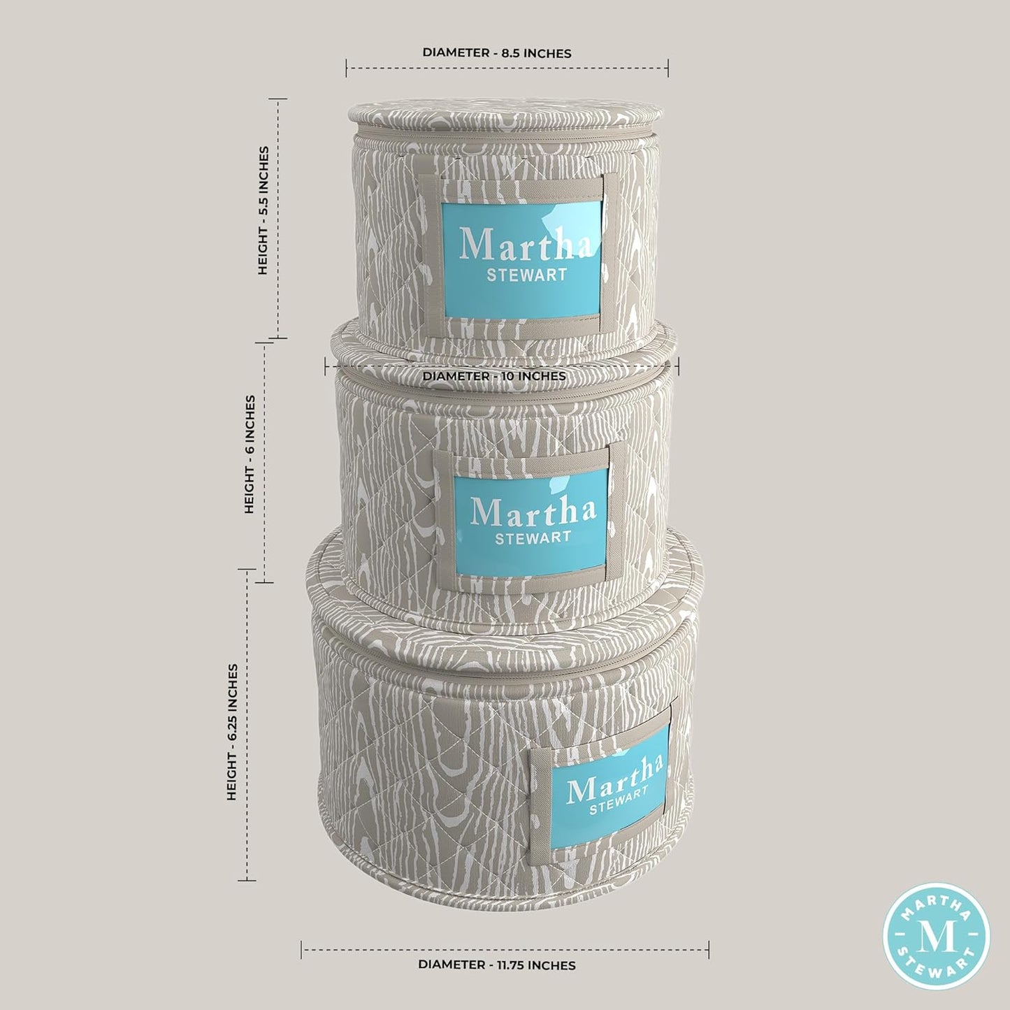 Martha Stewart Dinnerware Stemware Glassware Organizer Home Storage Container Case, 3 Piece Dinnerware Set Organizer For Dessert, Salad and Dinner Plates With Felt Dividers, Skyland Faux Bois