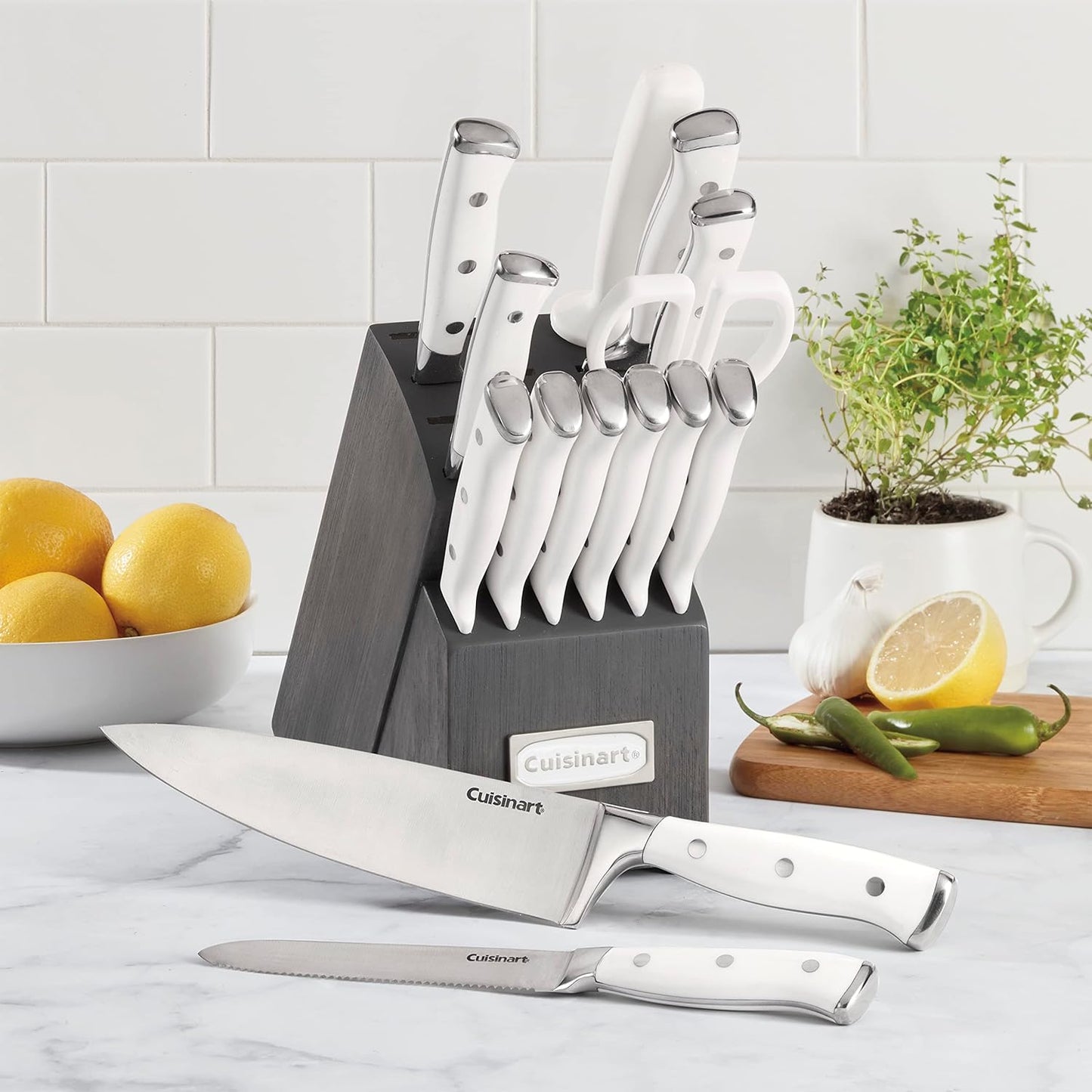 Cuisinart 15-Piece Knife Set with Block, High Carbon Stainless Steel, Forged Triple Rivet, White/Charcoal Gray C77WTR-15PCG