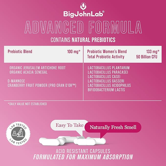 BIGJOHNLAB® - Women's Probiotic Supplement – 50 Billion CFU, 6 Active Strains + Prebiotics – Supports Digestion, Immunity & Wellness – Acid-Resistant, Dairy & Sugar Free, No Refrigeration, 30 Capsules