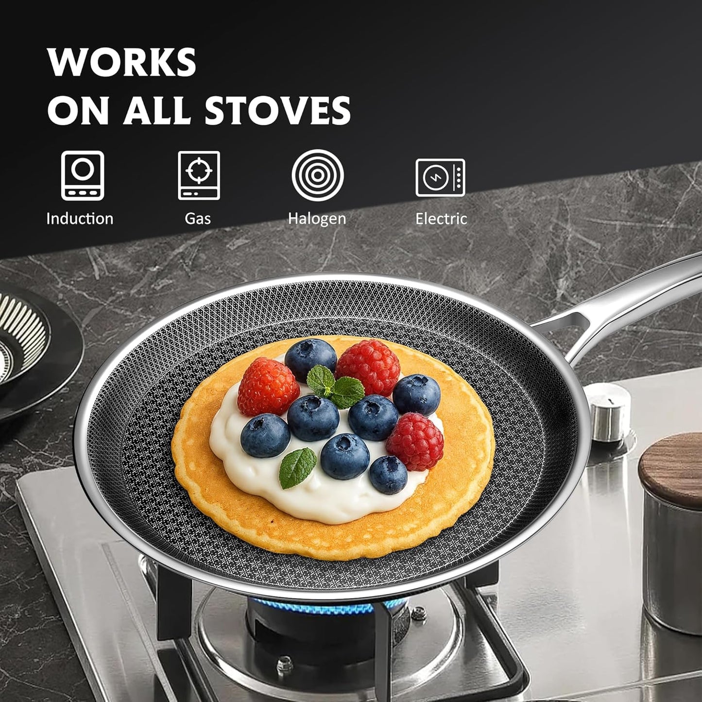 Crepe Pan,12 in Nonstick Crepe Pan, Stainless Steel Flat Skillet,Non Stick Dosa Tawa Comales Para Tortillas Pancake Pan,Dishwasher and Oven Safe Cookware,Induction Compatible, PFOA Free