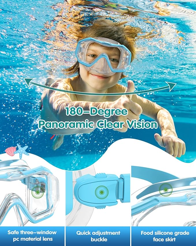 W WSTOO Kids Swim Goggles with Nose Cover,Snorkel Diving Swimming Mask for Youth 5-15,HD 3-Window Wide Vision Anti-Shattered Lens Anti-Fog&Leak