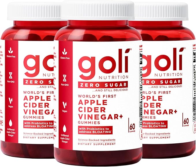 Goli Zero Sugar Apple Cider Vinegar Gummies - Vitamin B12, Probiotics to Address Bloating. No Artificial Sweeteners, No Sugar Alcohols. Vegan, Plant Based, Non-GMO, Gluten-Free & Gelatin Free. (3)