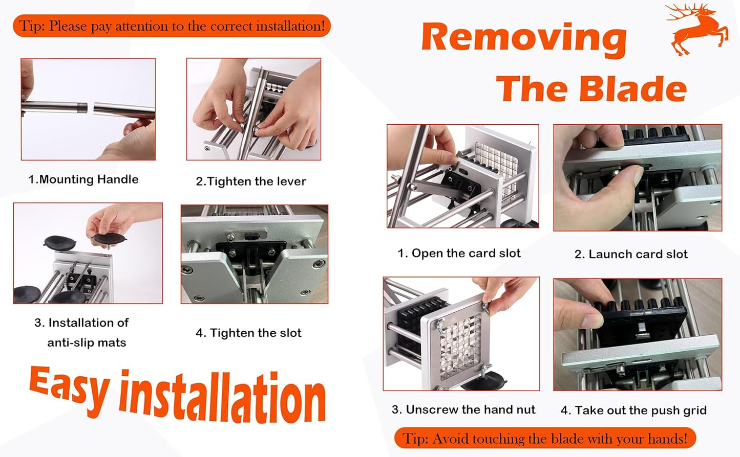 French Fry Cutter，Professional Stainless Steel Potato Cutter， Press Fries with 1/2-Inch and 3/8-Inch Blade Great for Potatoes