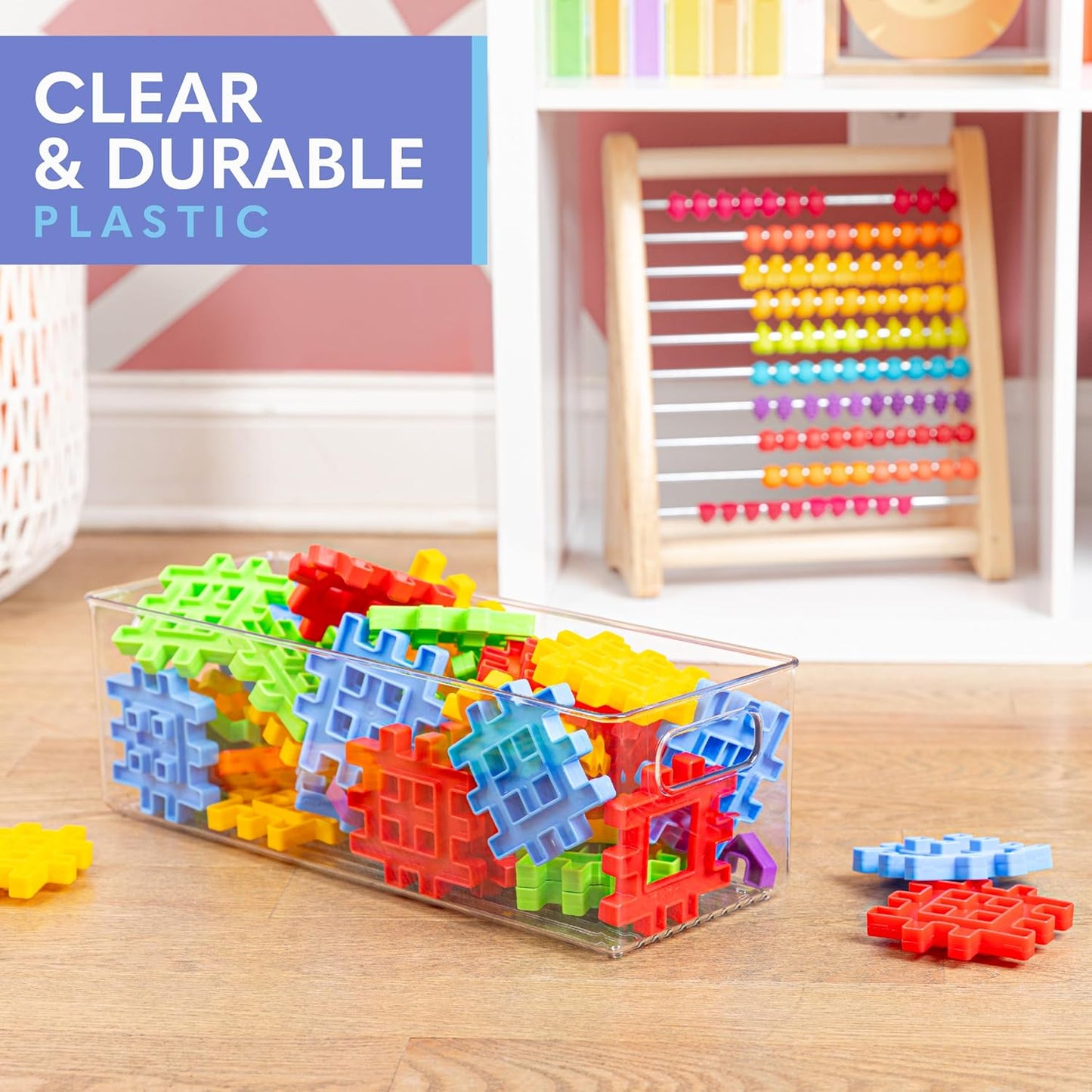 Plastic Food Storage 6 Pack Clear Container Bin with Handles for Organizing Kitchen, Pantry, Fridge, Freezer, Pantry, Bathroom. 14"x6"5"