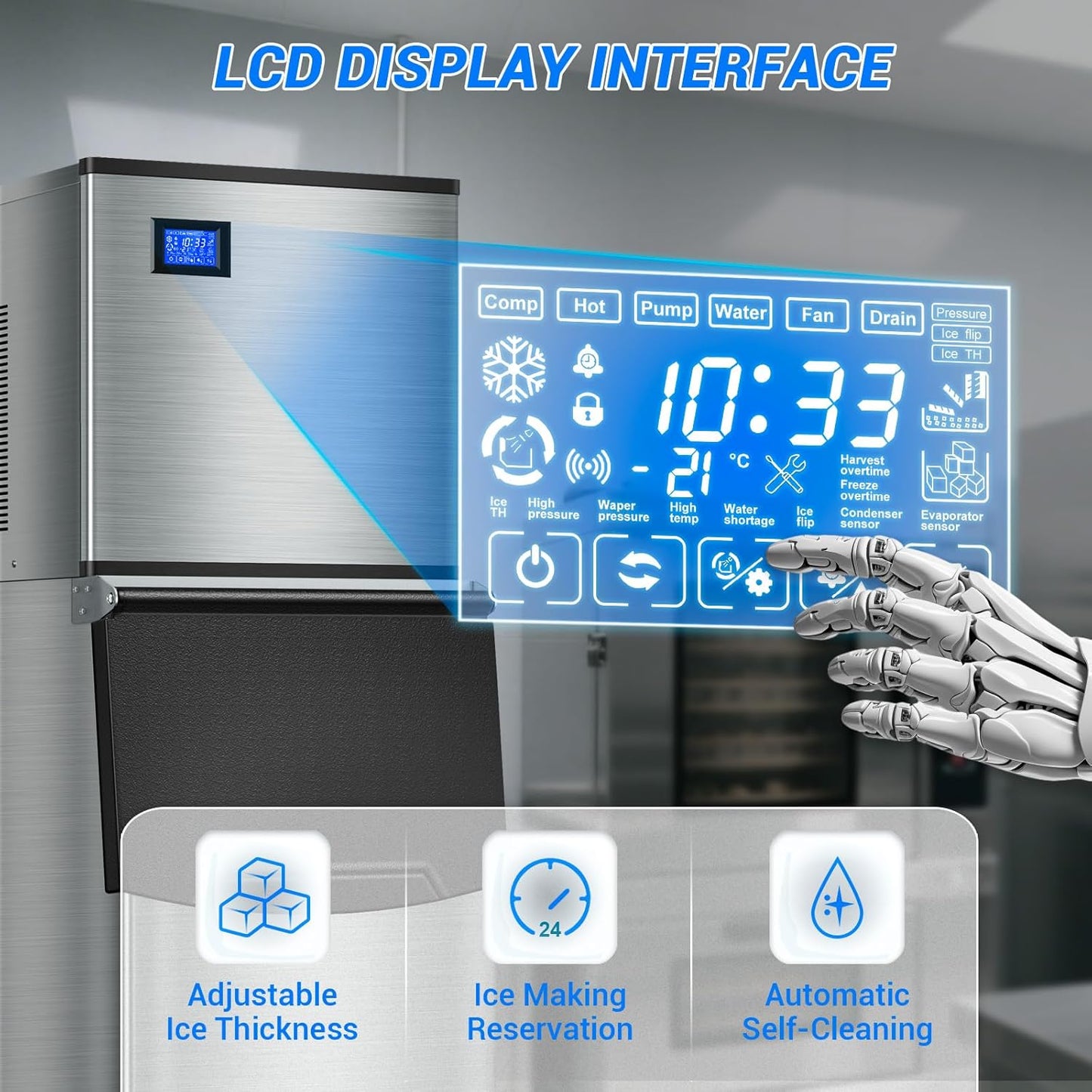 Commercial Ice Maker Machine 650LBS/24H with 350LBS Ice Storage Bin – 182 Cubes per Cycle in 6-15 Mins, Stainless Steel Industrial Ice Machine for Restaurants, Bars, Cafes & Business Use