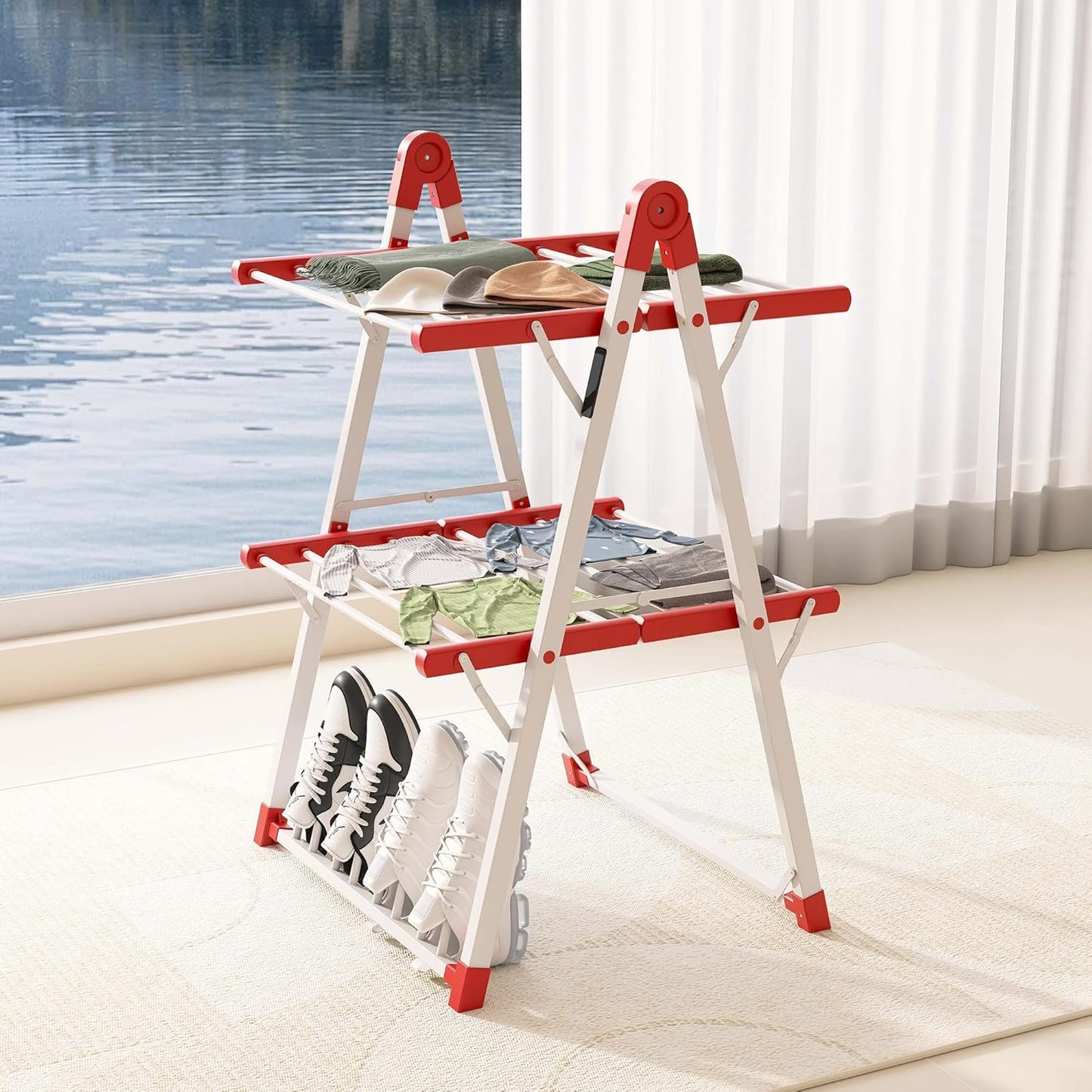 Electric Heated Clothes Drying Rack,Foldable Heated Garment Dryer with Timer Shut-Off Laundry Rack for Clothes Shoes Socks,Aluminum Alloy,Red,Plug & Play,(39.37x25.98x23.82in)