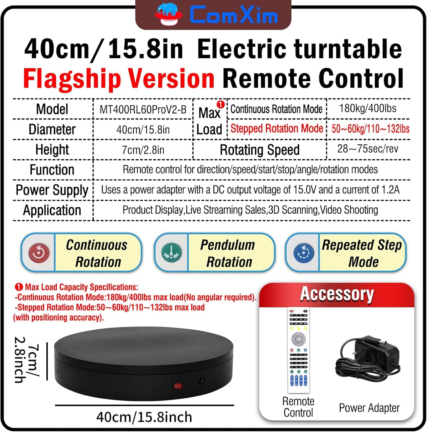 15.8In Remote Motorized Electric Turntable Rotating Display Stand Rotating Platform Photography Turntable motorized lazy susan base giratoria para for Photography,3D Scanner,(Load Range:132~400lbs)