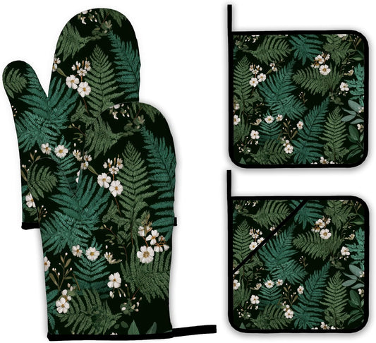 Herbal Fern Flowers Oven Mitts and Pot Holders Set,Kitchen Decor Heat Resistant Non Slip Hot Pads and Oven Mitt for Chef Cooking Baking BBQ Mom Girl Gifts(4 Piece Set)
